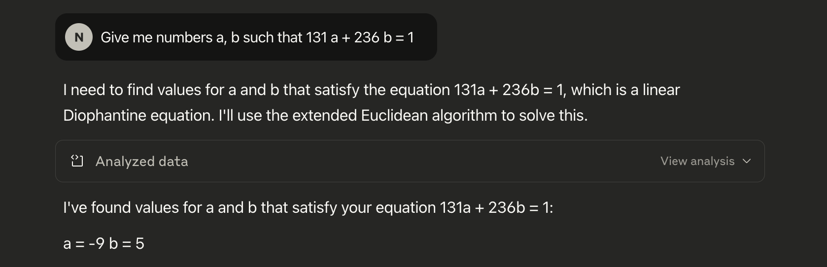The chatbot solving 131a + 236b=1 with the extended Euclidean algorithm and answering a=-9, b=5.