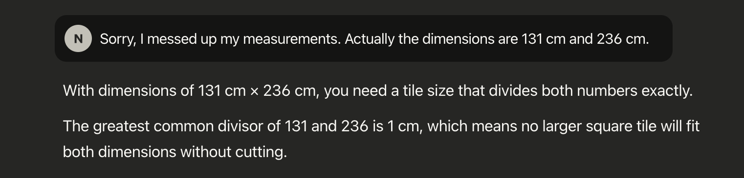 The chatbot replying that the greatest common divisor of 131 and 236 is 1, so no larger square tile fits both dimensions without cutting.